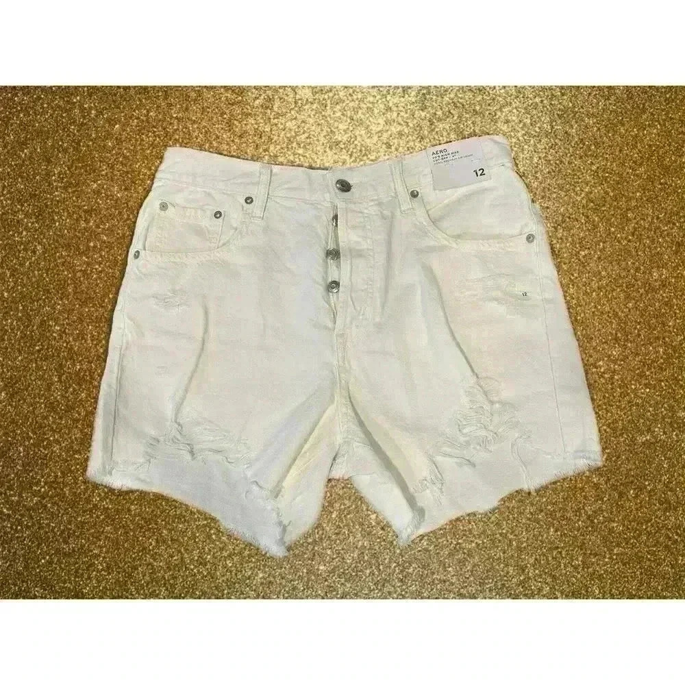 Aero Womens White Denim 90's High Rise Cut Off Jean Shorts Size 12 (0157)